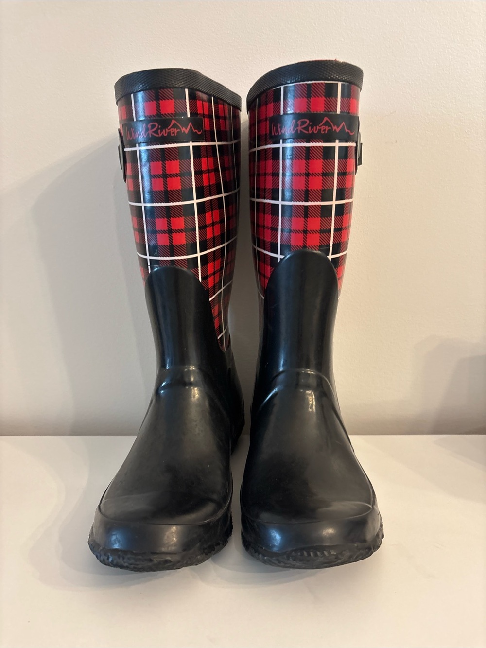 WindRiver Women's Red Plaid Rain Boots with Black Lower